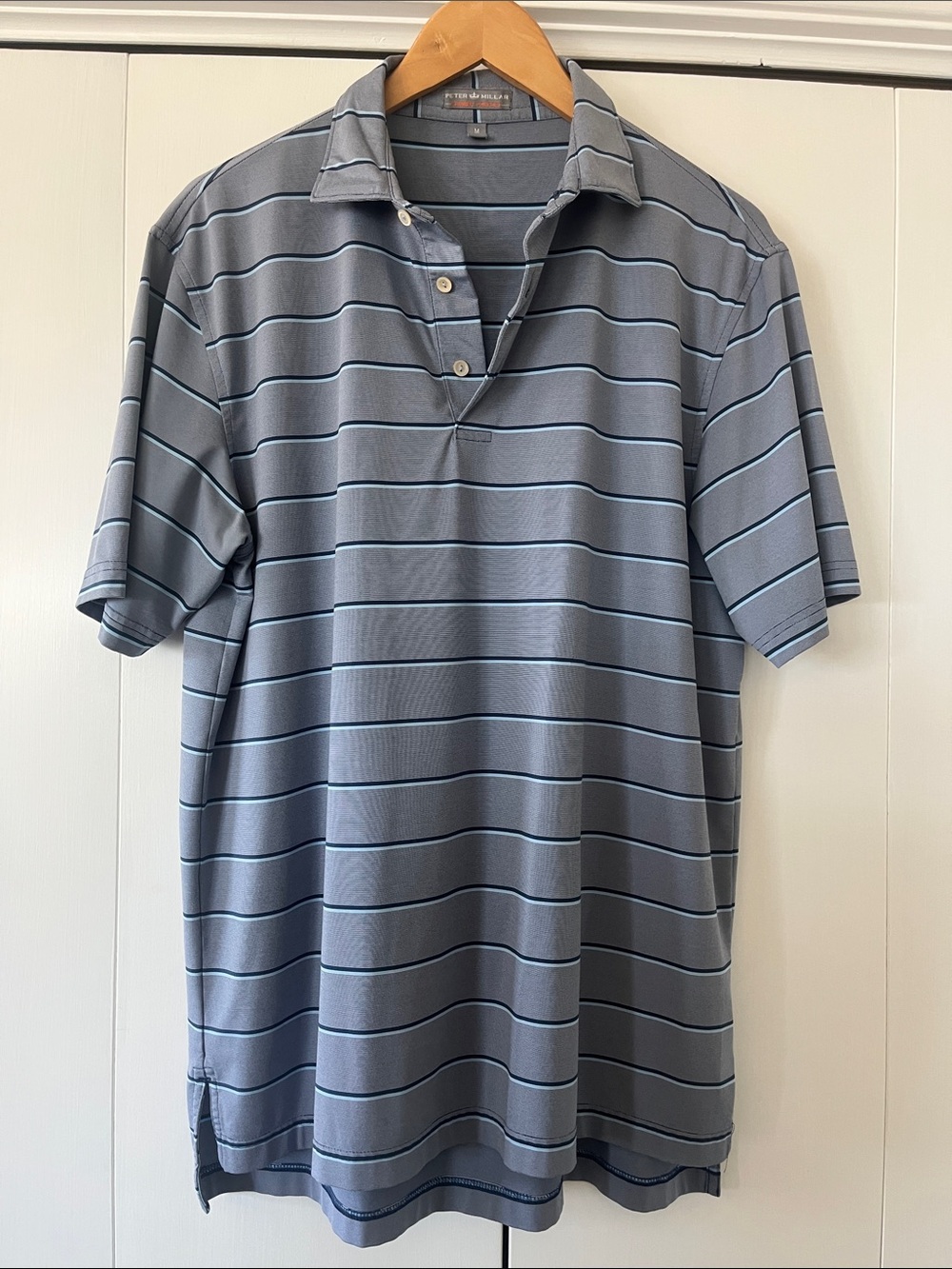 Peter Millar Light Gray Polo with Thin Blue Stripes